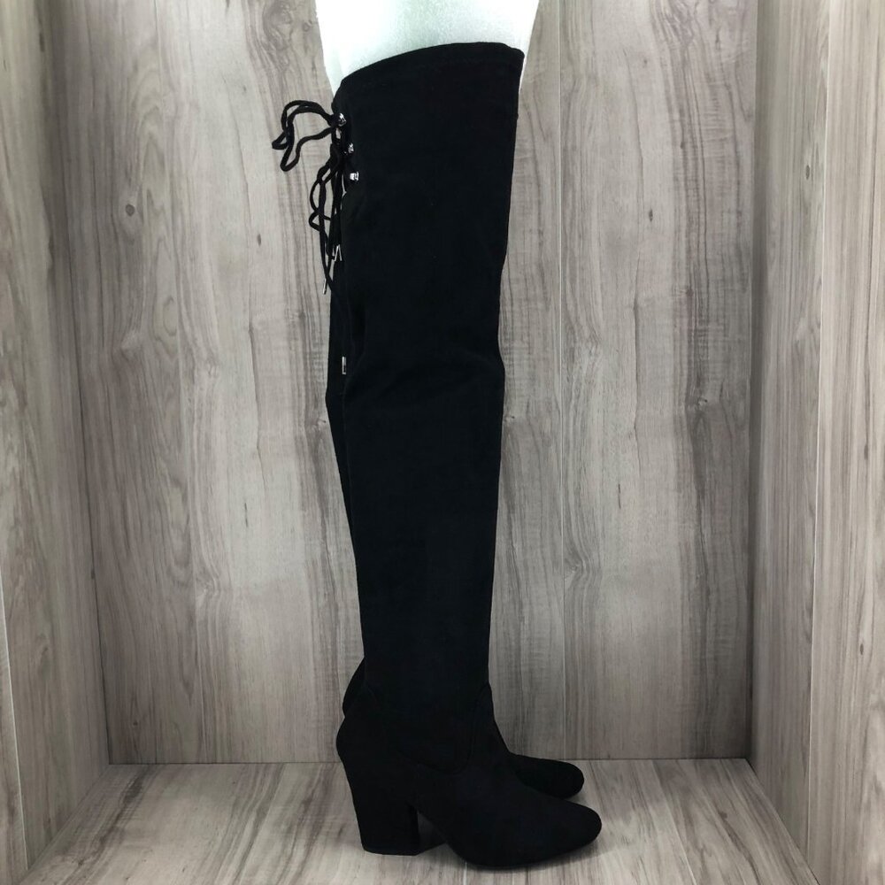 Qupid OTK Boots Womens 7.5 Black Faux Suede Over The Knee Pull On Heeled